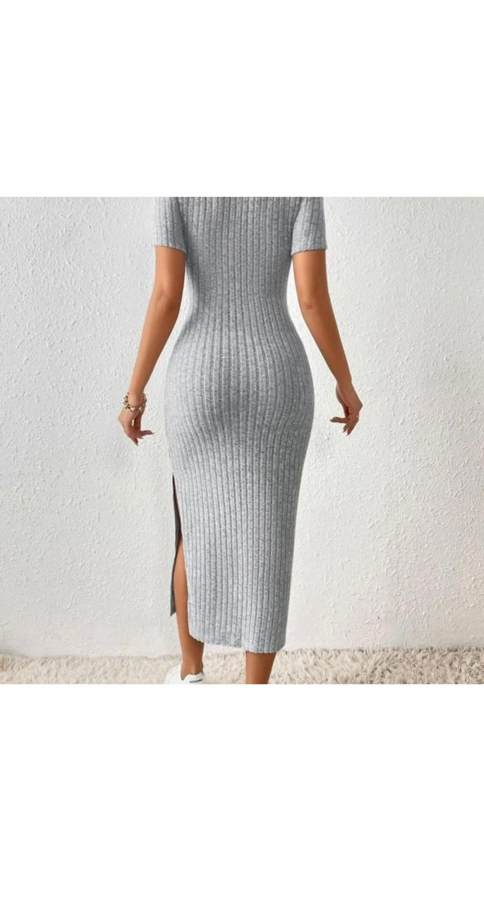 Casual Square Collar Rib Knit Side Slit Dress