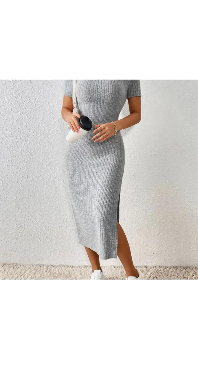 Casual Square Collar Rib Knit Side Slit Dress