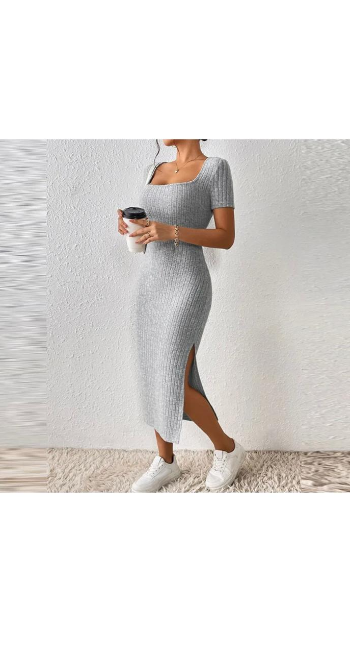 Casual Square Collar Rib Knit Side Slit Dress