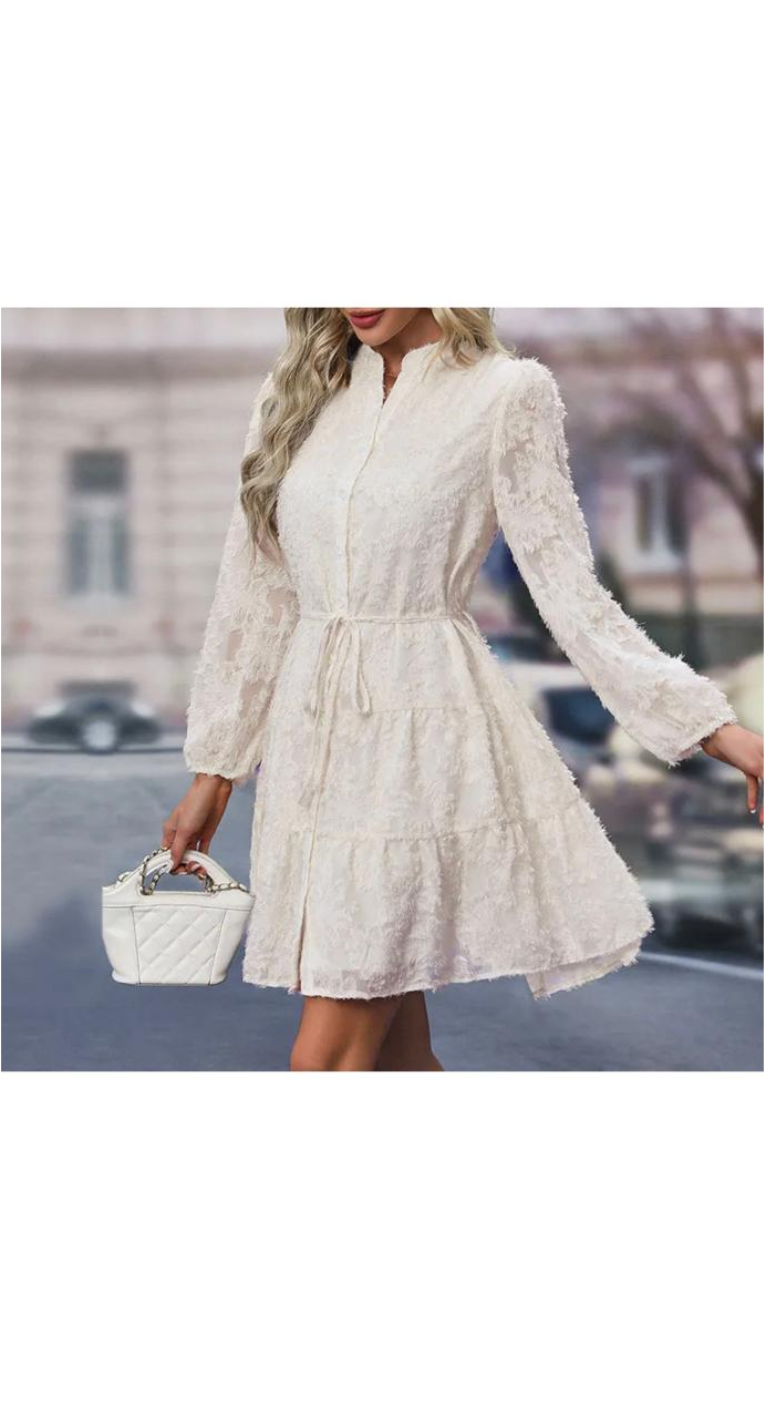 Elegant Lace Long Sleeve Lace-Up Loose Dress