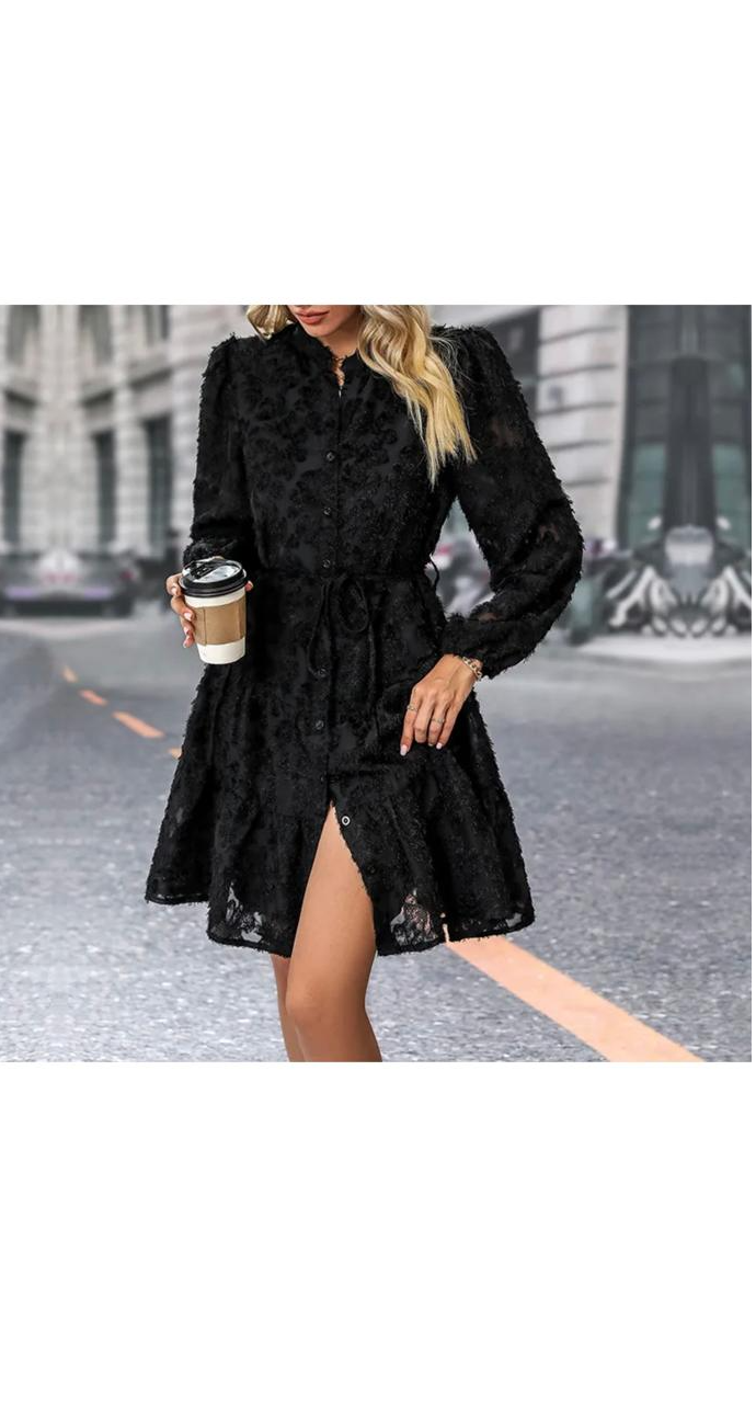Elegant Lace Long Sleeve Lace-Up Loose Dress