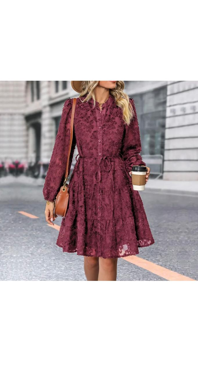 Elegant Lace Long Sleeve Lace-Up Loose Dress