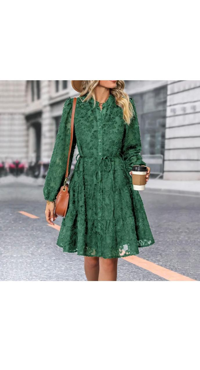 Elegant Lace Long Sleeve Lace-Up Loose Dress