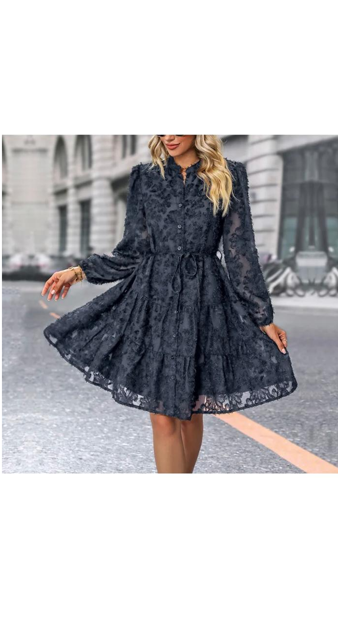 Elegant Lace Long Sleeve Lace-Up Loose Dress