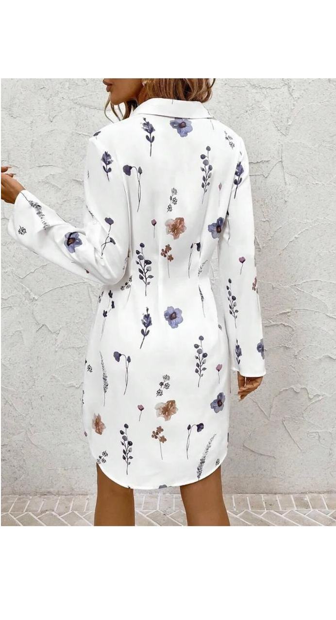 Floral Printed Long-Sleeved Lapel Button Dress