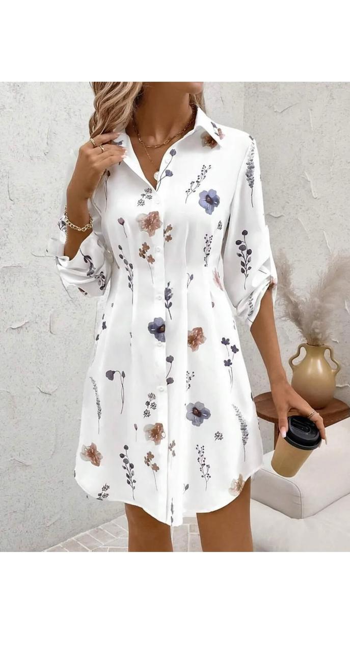 Floral Printed Long-Sleeved Lapel Button Dress