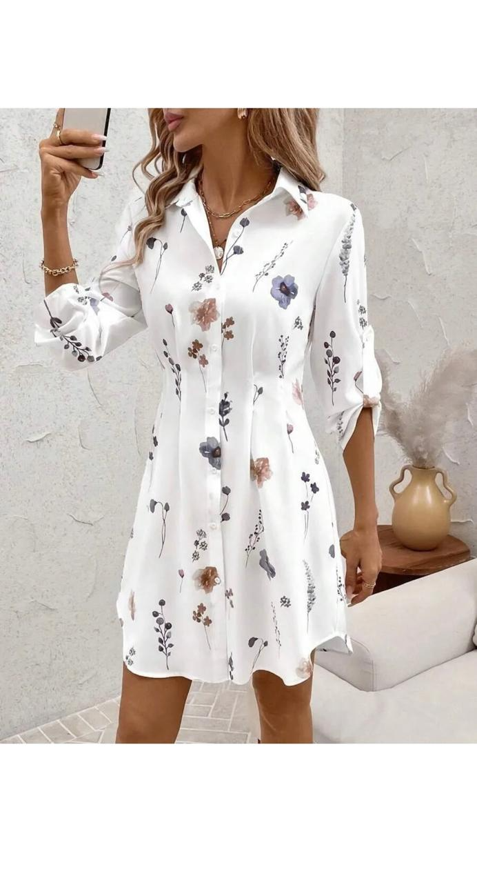 Floral Printed Long-Sleeved Lapel Button Dress