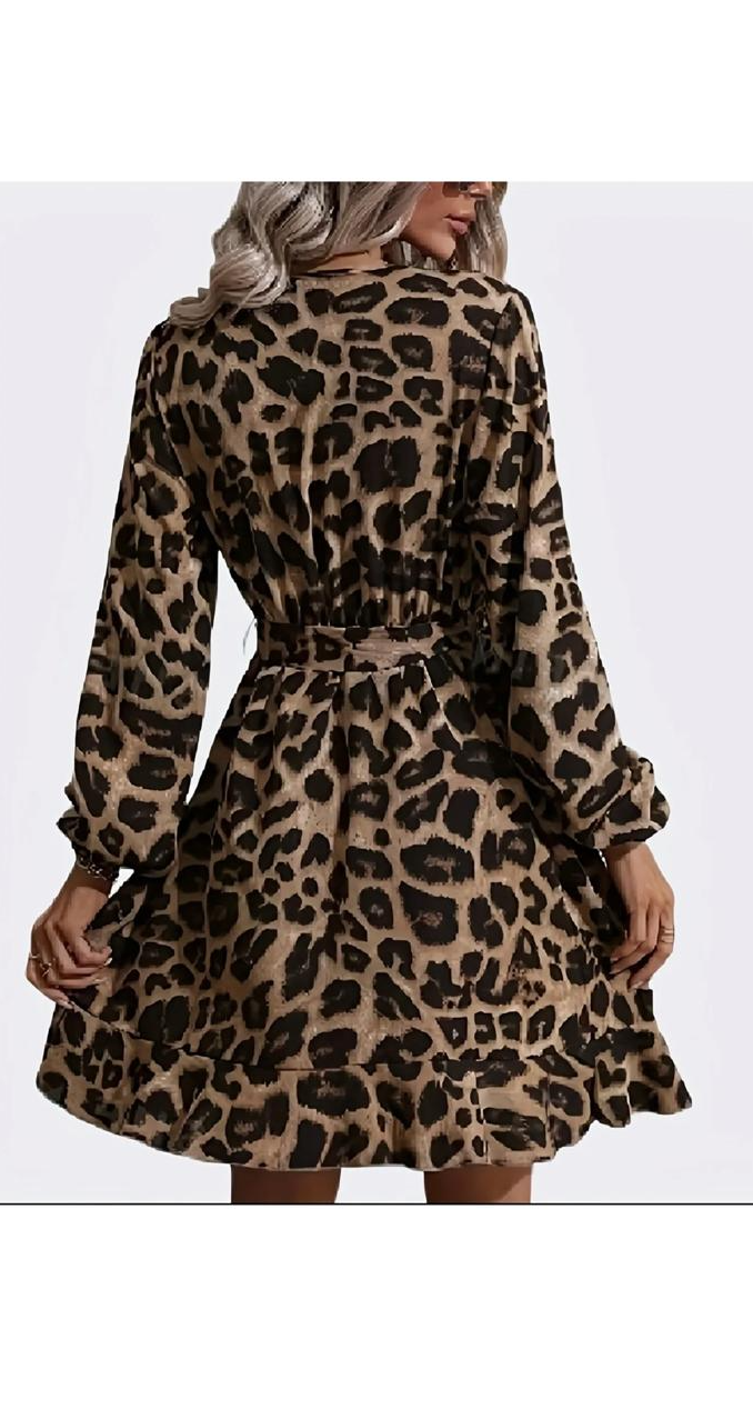 Leopard V-Neck Long Sleeve Lace-Up Dress