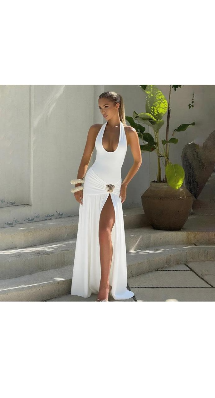 Sexy Halter-Neck Backless Slim Fit Pleated Split Dress