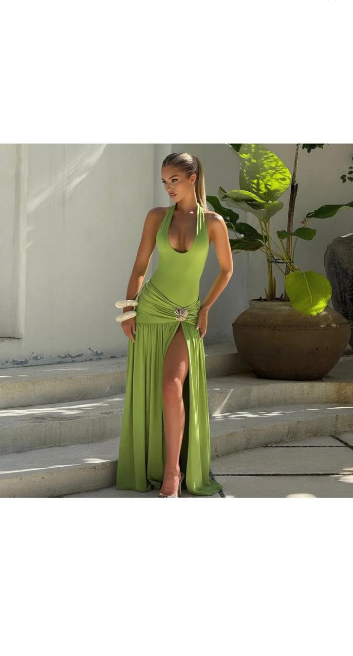 Sexy Halter-Neck Backless Slim Fit Pleated Split Dress