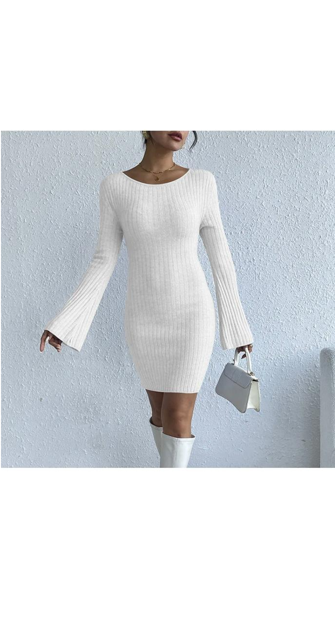 Sexy Round Neck Backless Long Sleeve Knitted Tight Mini Dress