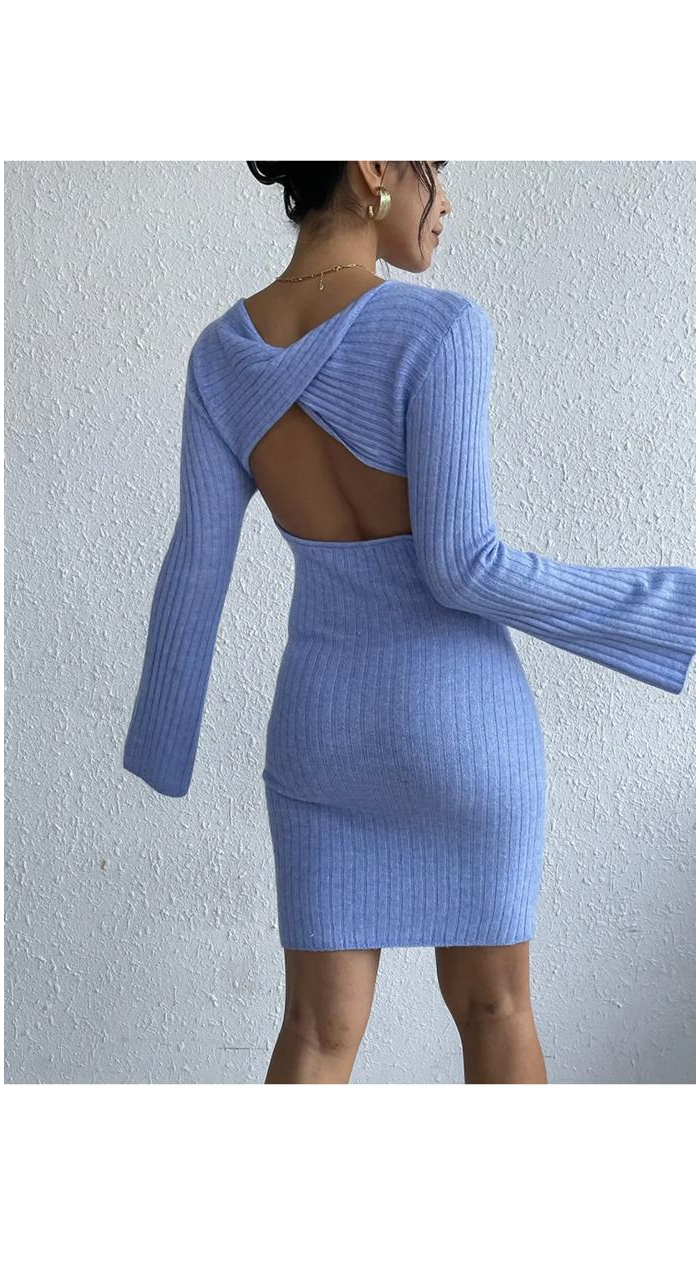 Sexy Round Neck Backless Long Sleeve Knitted Tight Mini Dress