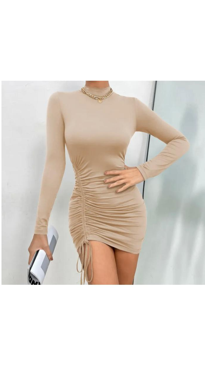 Sexy Slim Fit Half Turtleneck Simple Long Sleeve Round Neck Drawstring Mini Dress