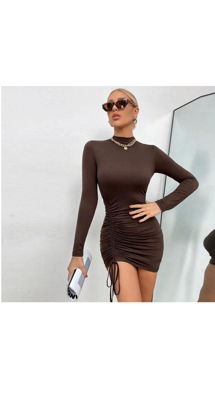 Sexy Slim Fit Half Turtleneck Simple Long Sleeve Round Neck Drawstring Mini Dress
