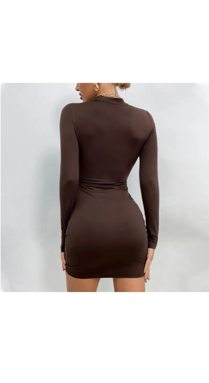 Sexy Slim Fit Half Turtleneck Simple Long Sleeve Round Neck Drawstring Mini Dress