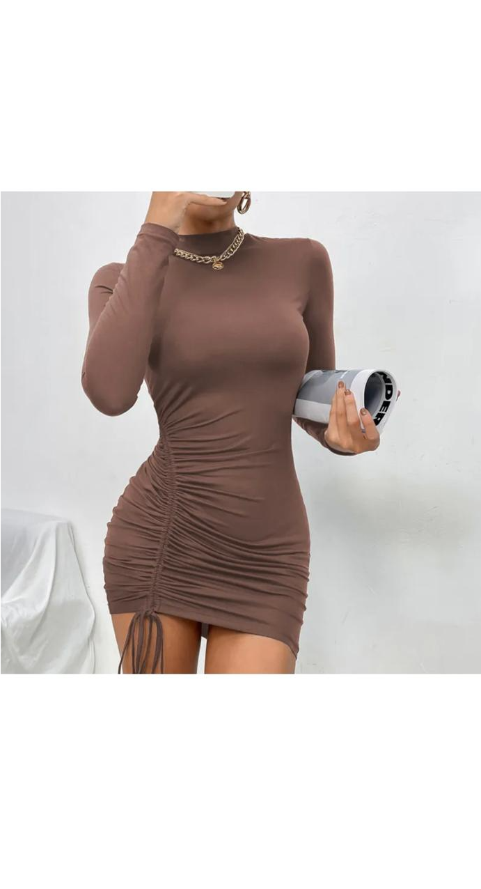 Sexy Slim Fit Half Turtleneck Simple Long Sleeve Round Neck Drawstring Mini Dress