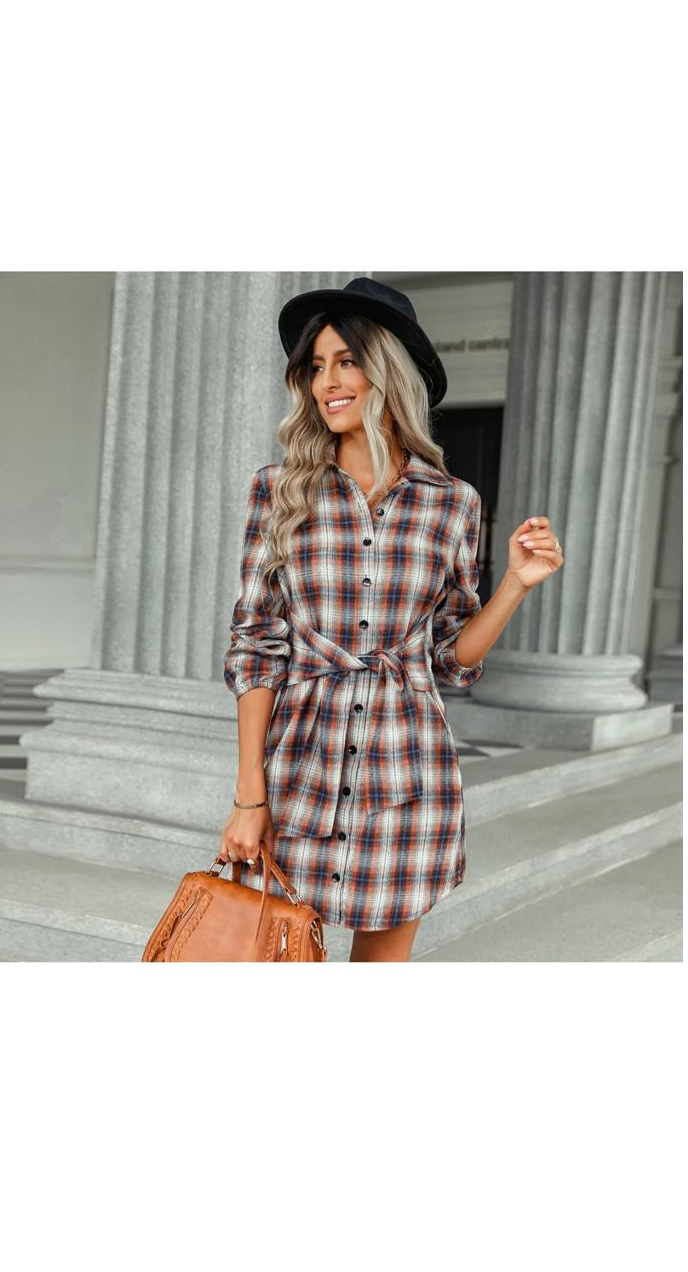 Vintage Western Autumn Long Sleeve Plaid Shirt Dress