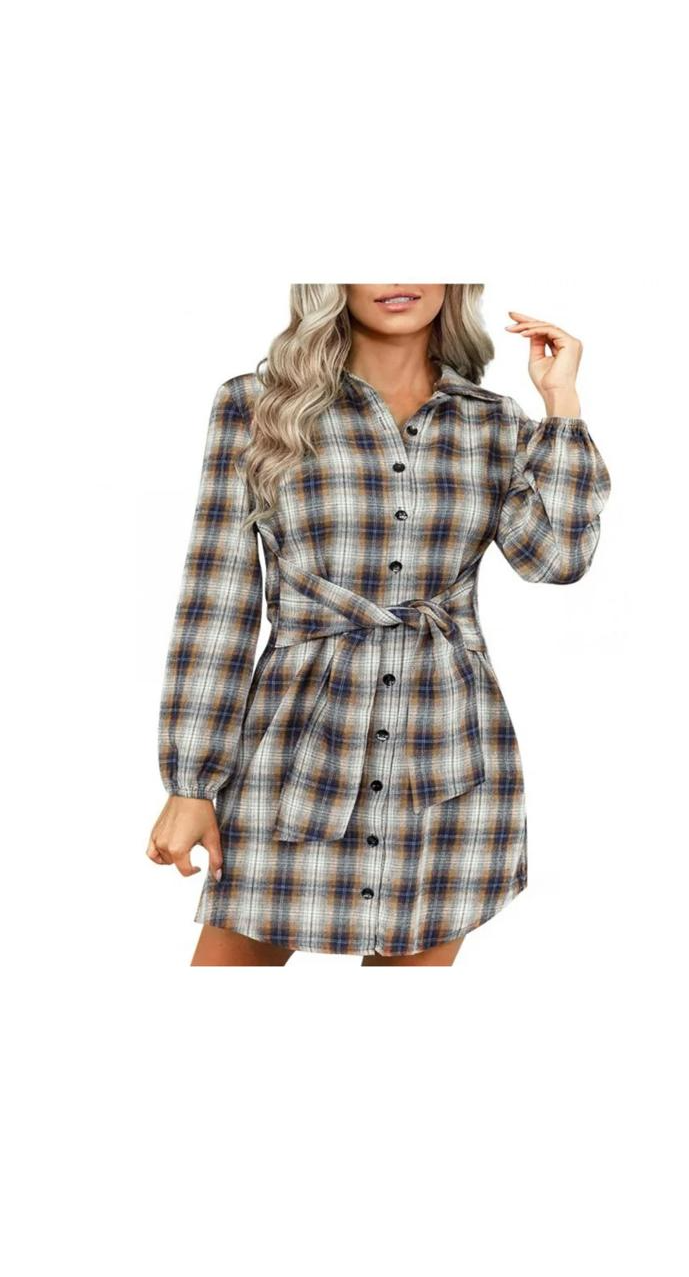 Vintage Western Autumn Long Sleeve Plaid Shirt Dress