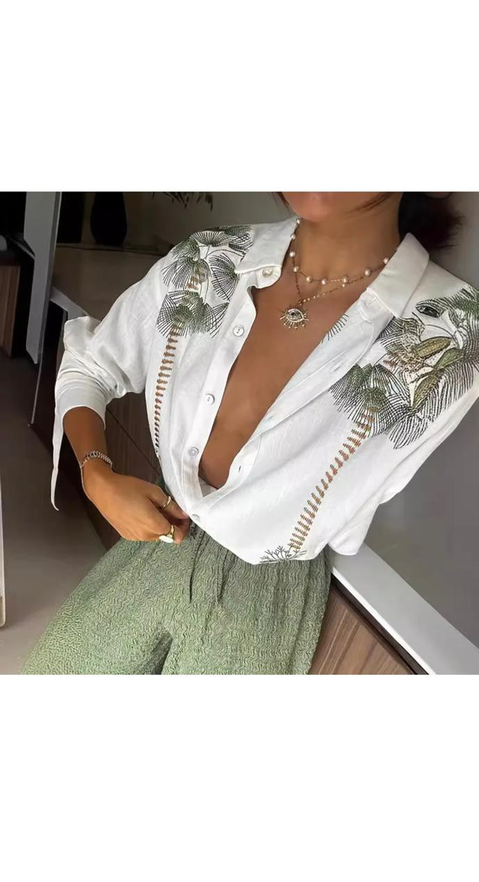 Casual Coconut Tree Print Single-Breasted Long-Sleeved Shirt Top Wide-Leg Pants Two-Piece Set