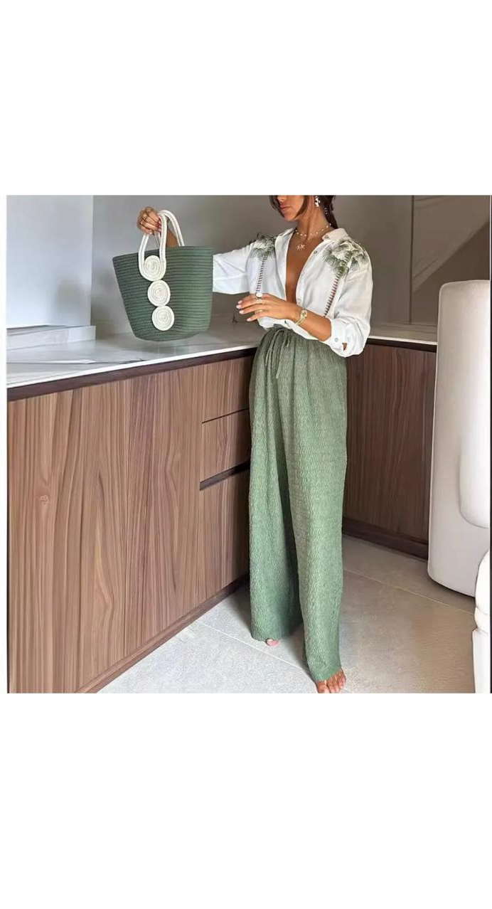 Casual Coconut Tree Print Single-Breasted Long-Sleeved Shirt Top Wide-Leg Pants Two-Piece Set