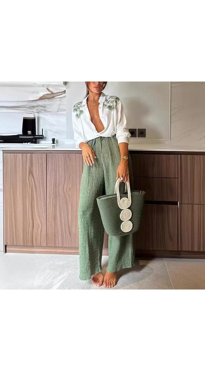 Casual Coconut Tree Print Single-Breasted Long-Sleeved Shirt Top Wide-Leg Pants Two-Piece Set