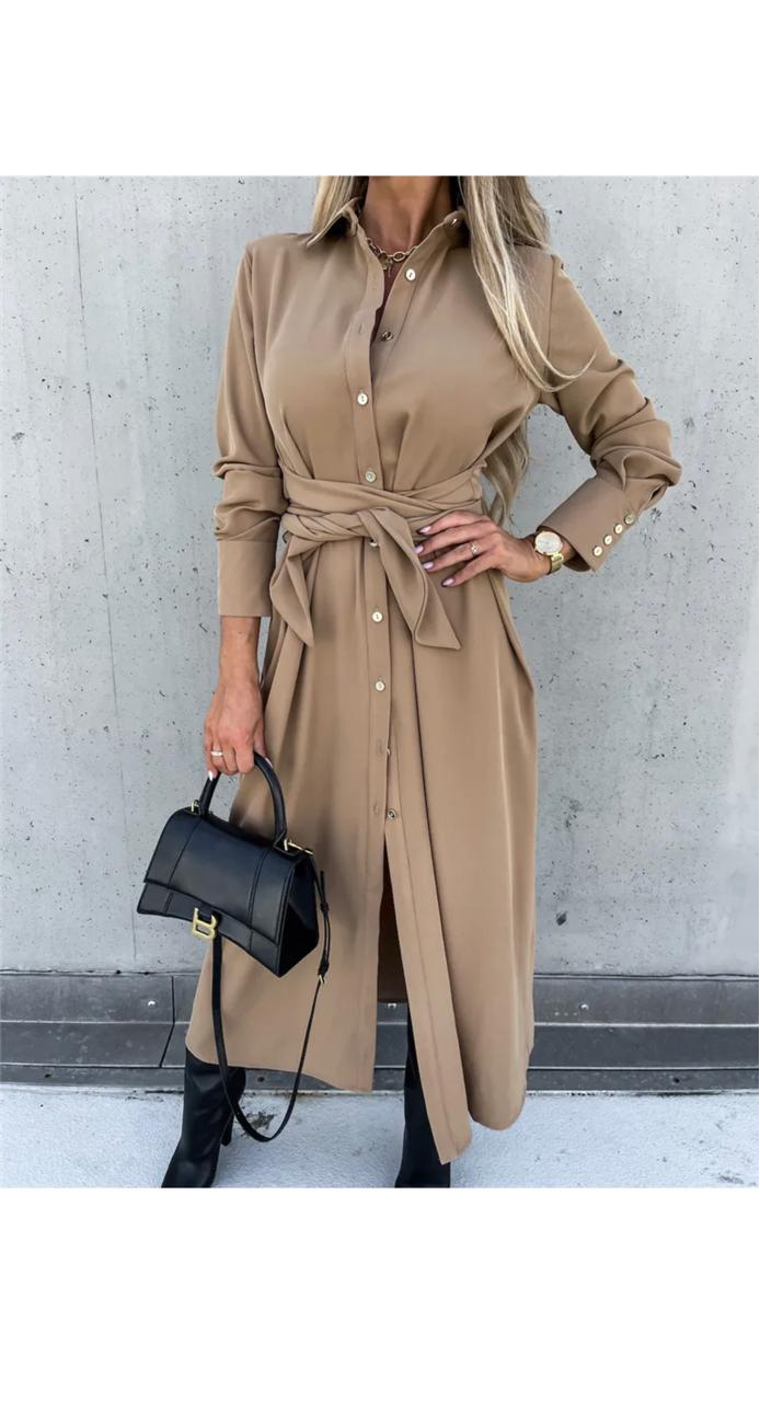 Autumn and Winter Solid Color Cardigan Long Sleeve Maxi Shirt Dress
