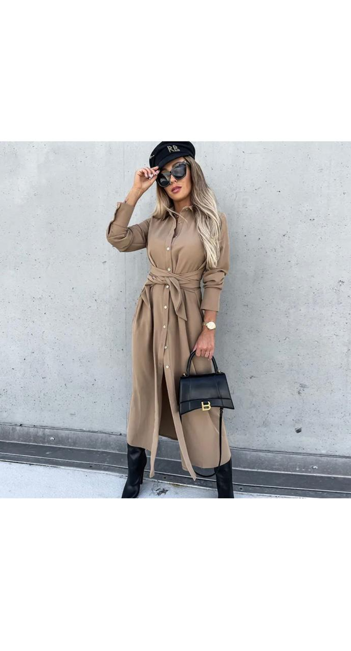 Autumn and Winter Solid Color Cardigan Long Sleeve Maxi Shirt Dress