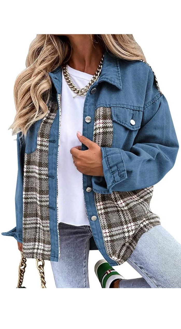 Denim Jacket Long Sleeve Plaid Buttun-up Shirt Jacket Shacket