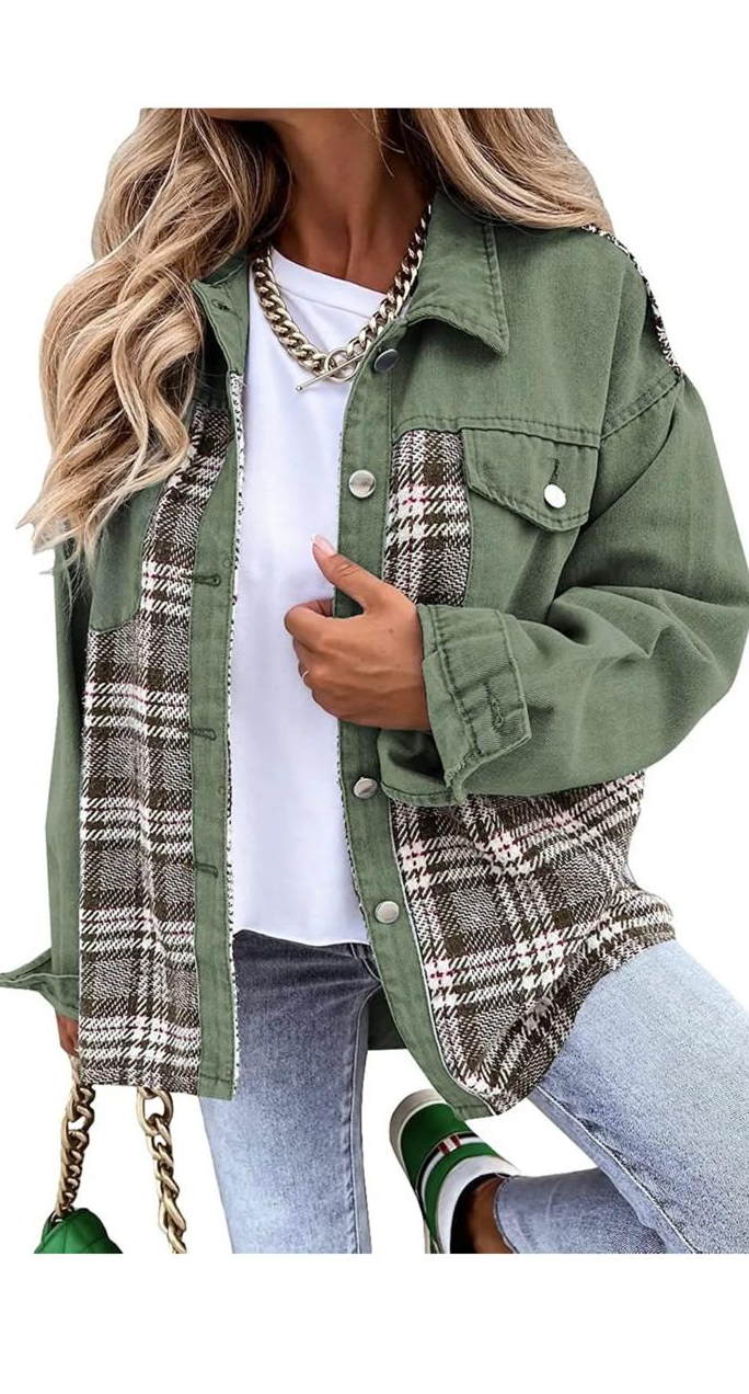 Denim Jacket Long Sleeve Plaid Buttun-up Shirt Jacket Shacket