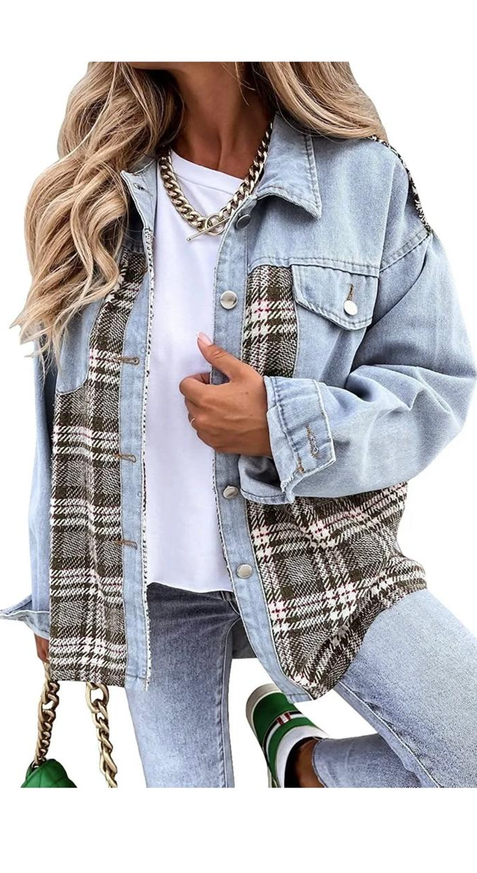 Denim Jacket Long Sleeve Plaid Buttun-up Shirt Jacket Shacket