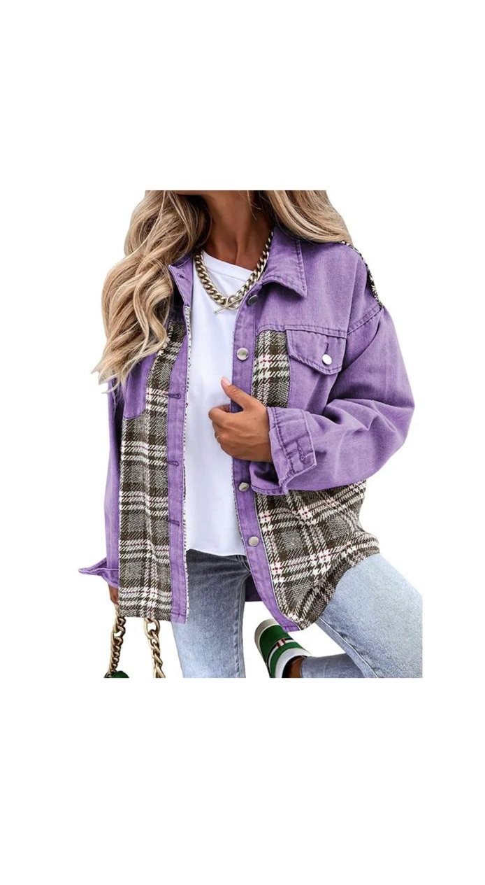 Denim Jacket Long Sleeve Plaid Buttun-up Shirt Jacket Shacket