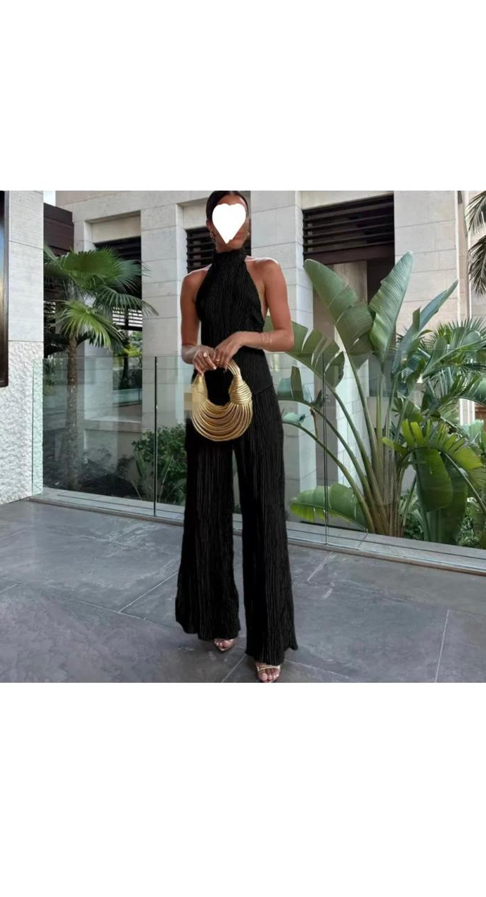 Sexy Solid Color Asymmetric Halter-Neck Backless Tank Top Pleated Pants Two-Piece Set