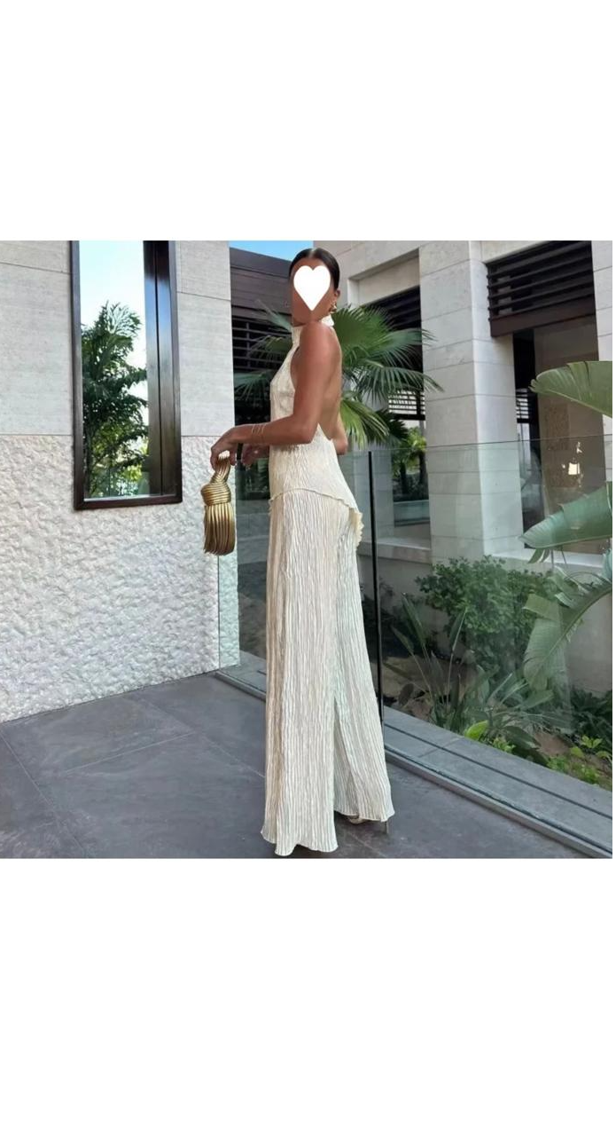 Sexy Solid Color Asymmetric Halter-Neck Backless Tank Top Pleated Pants Two-Piece Set