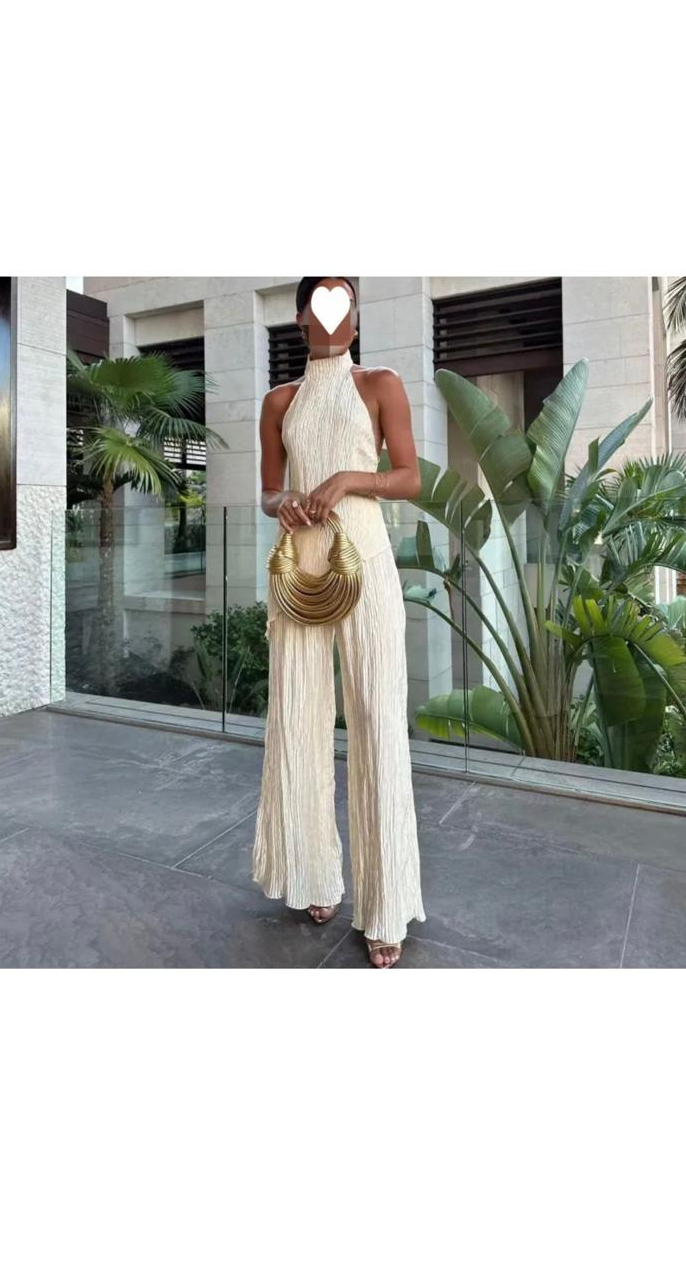 Sexy Solid Color Asymmetric Halter-Neck Backless Tank Top Pleated Pants Two-Piece Set