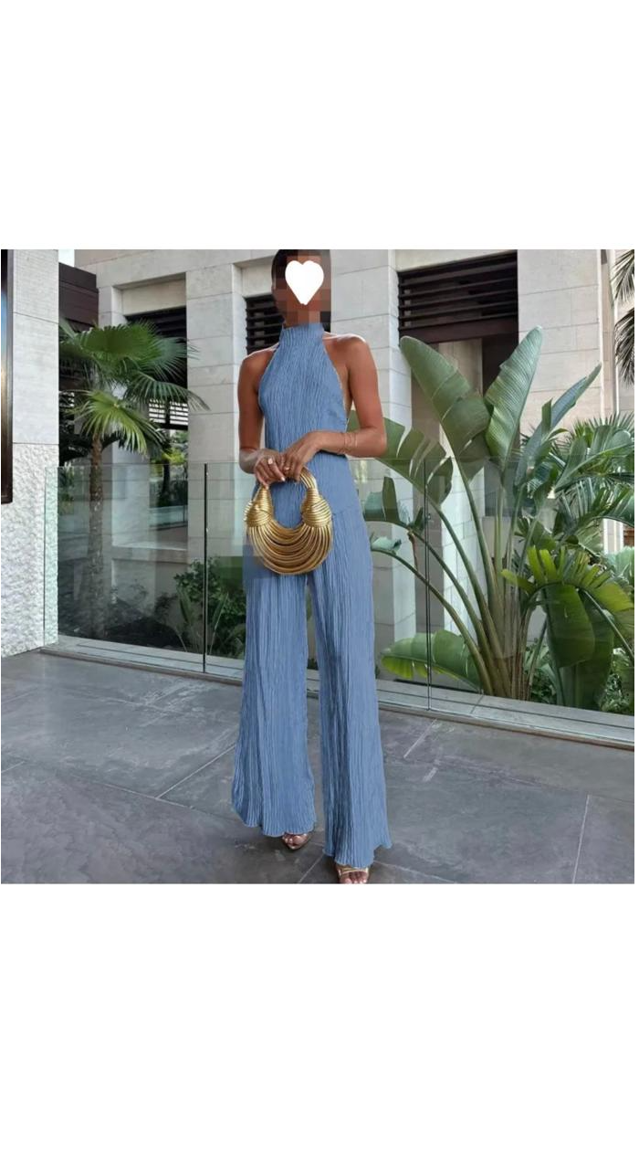 Sexy Solid Color Asymmetric Halter-Neck Backless Tank Top Pleated Pants Two-Piece Set