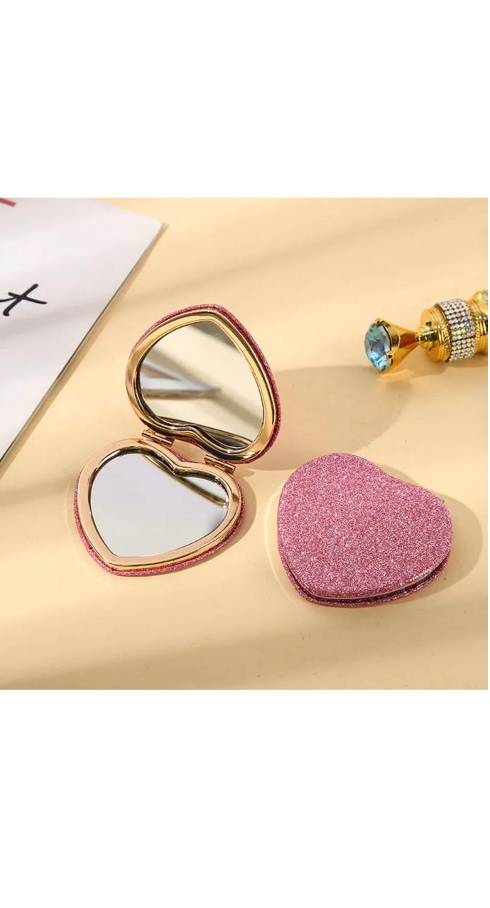 Portable Folding Pink Glitter Heart Shaped Mirror