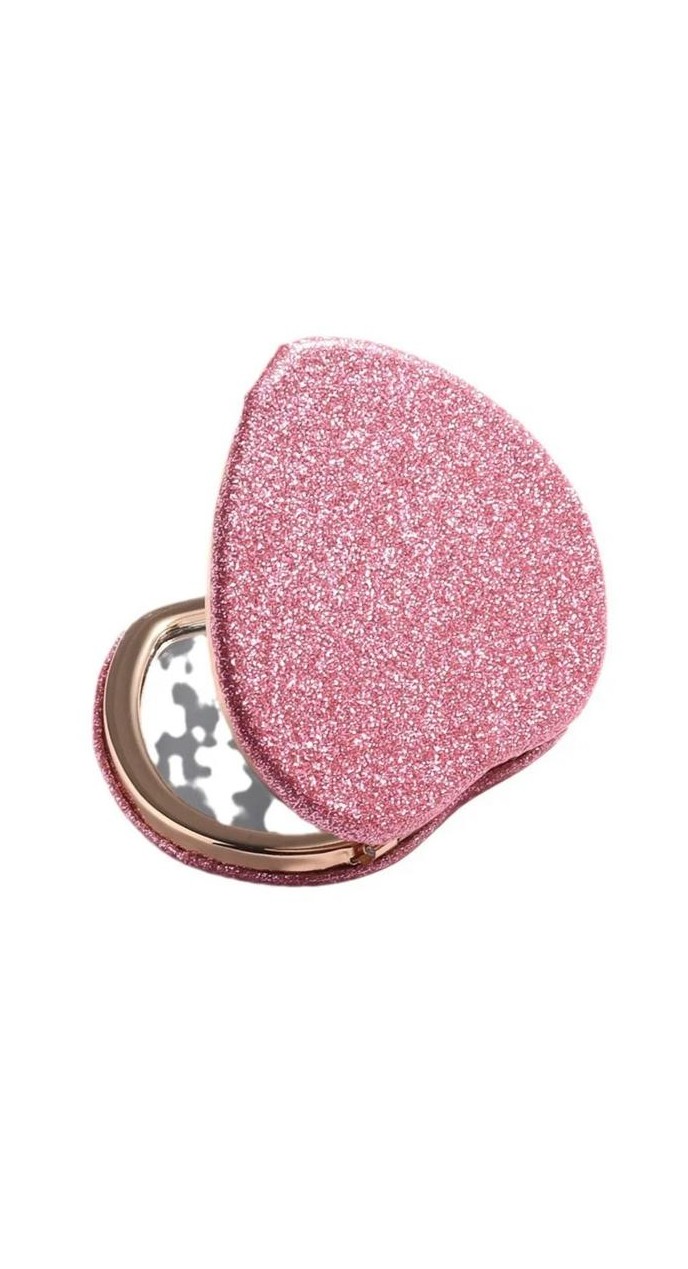 Portable Folding Pink Glitter Heart Shaped Mirror
