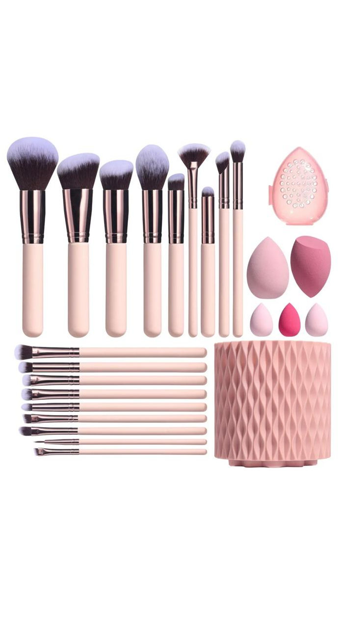 18 Pink Makeup Brush Rotating Barrel Puff Set