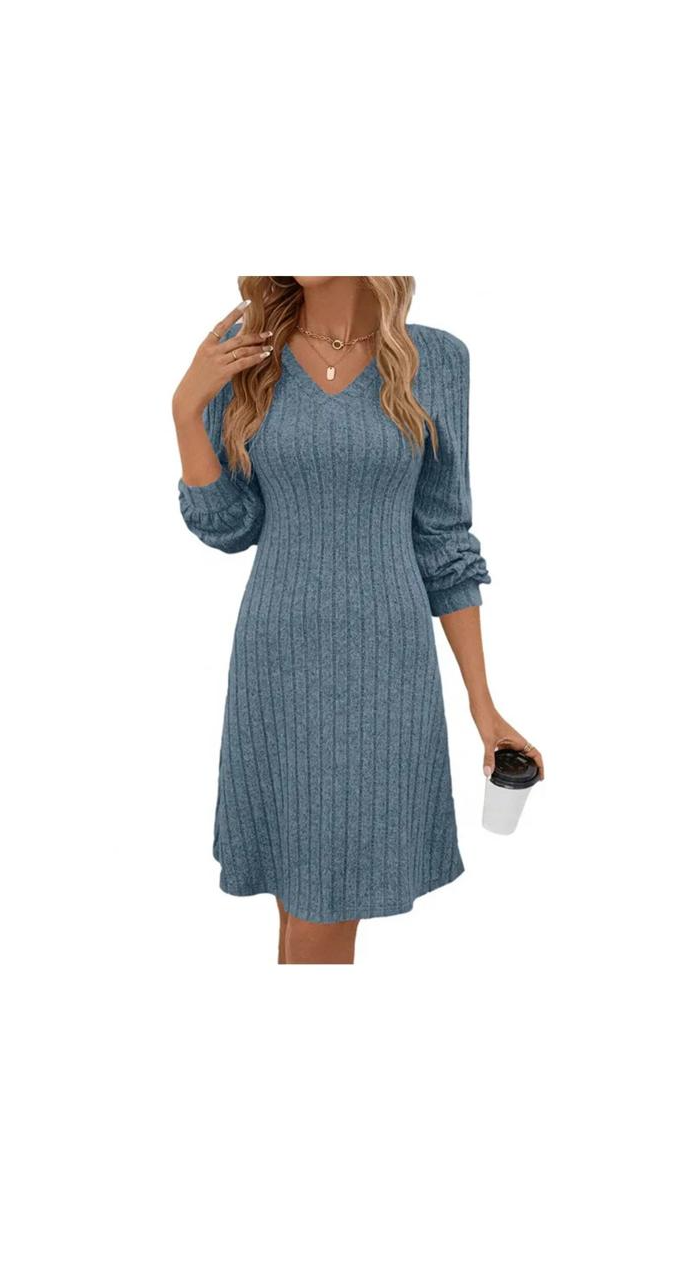Casual Fall Winter V-Neck Rib-Knit Long Sleeve Dress