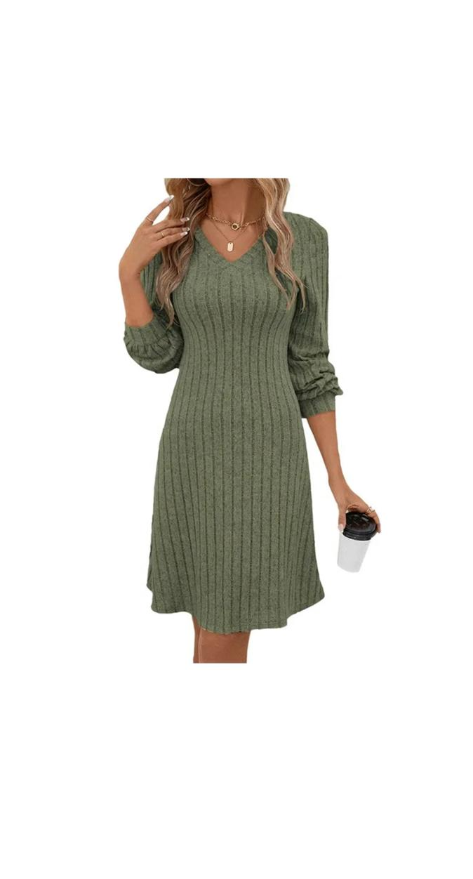 Casual Fall Winter V-Neck Rib-Knit Long Sleeve Dress