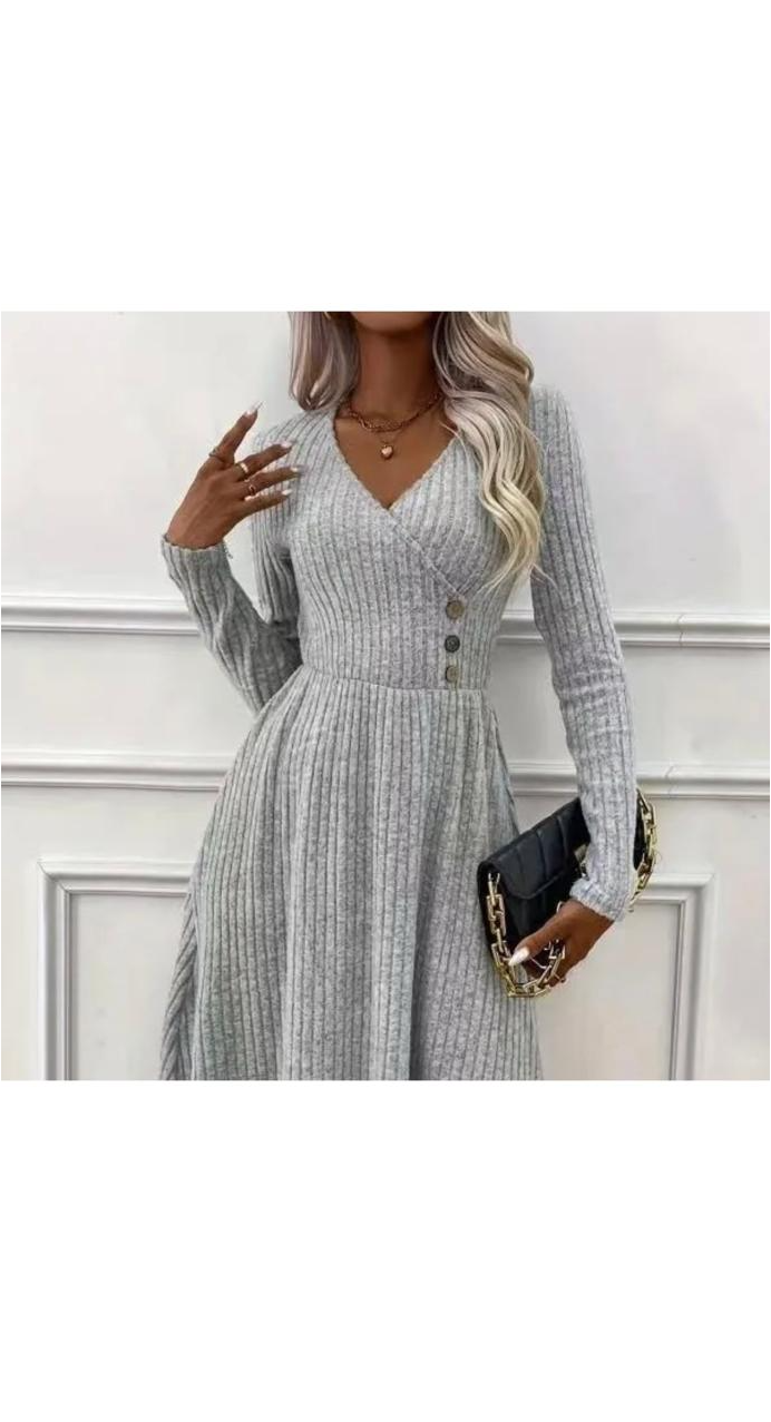 Autumn Winter Solid Color V-Neck Long Sleeve Knitted Dress