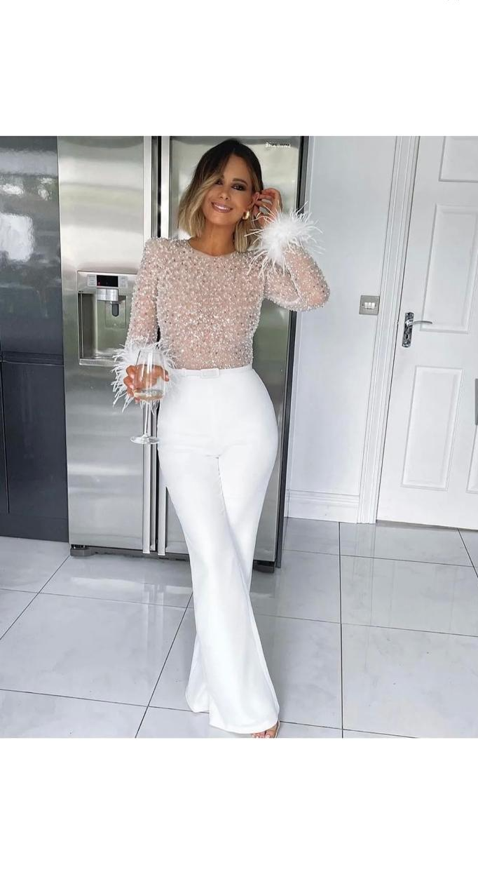 Feather Sequin Stitching Long Sleeve Jumpsuit