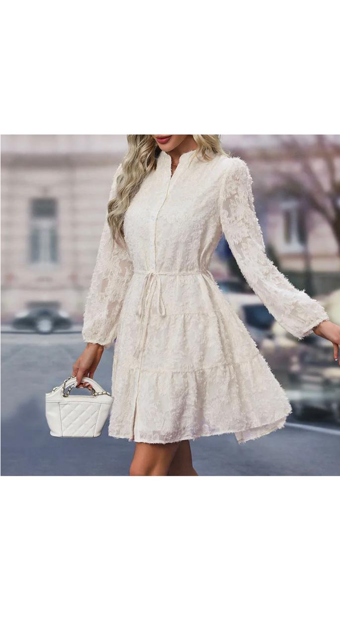 Elegant Solid Color Lace Long Sleeve Lace-Up Loose Dress