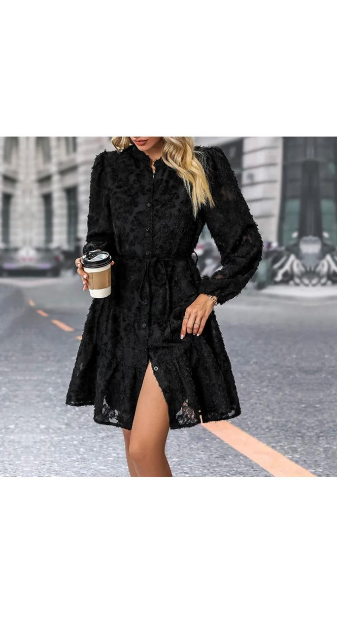 Elegant Solid Color Lace Long Sleeve Lace-Up Loose Dress