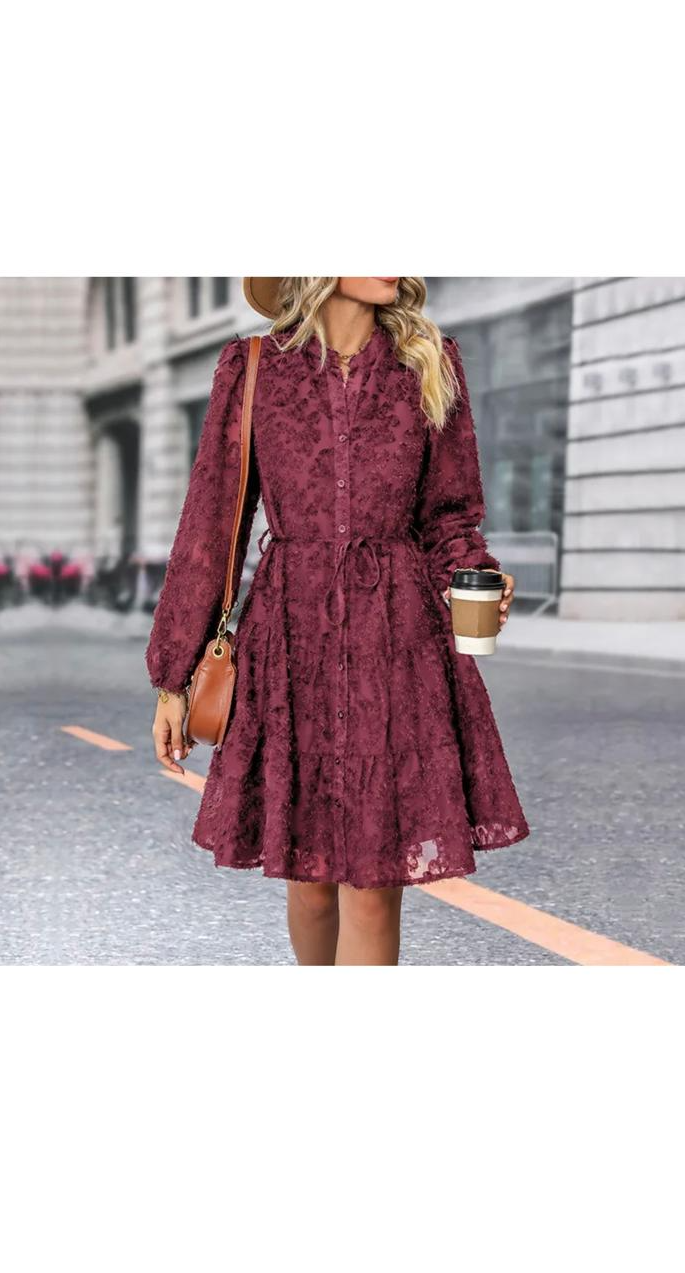 Elegant Solid Color Lace Long Sleeve Lace-Up Loose Dress