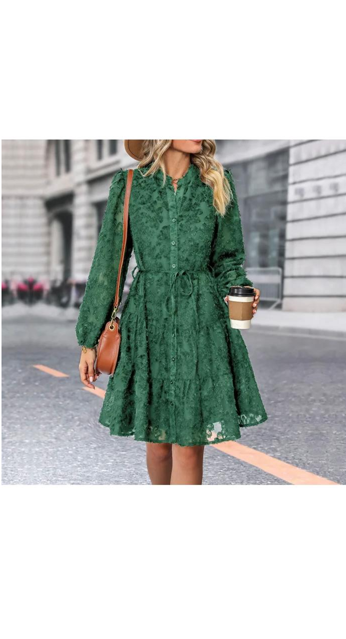 Elegant Solid Color Lace Long Sleeve Lace-Up Loose Dress
