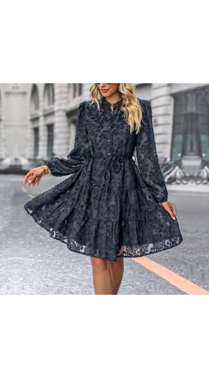 Elegant Solid Color Lace Long Sleeve Lace-Up Loose Dress