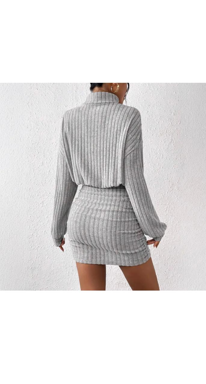 Slim Fashion Rib-Knit High Collar Long Sleeve Dress