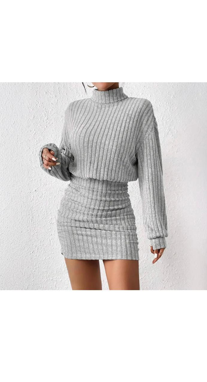 Slim Fashion Rib-Knit High Collar Long Sleeve Dress
