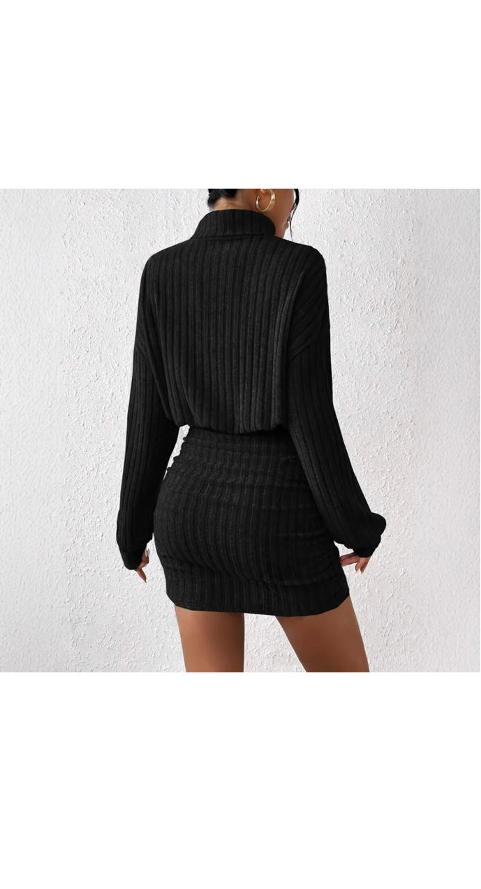 Slim Fashion Rib-Knit High Collar Long Sleeve Dress